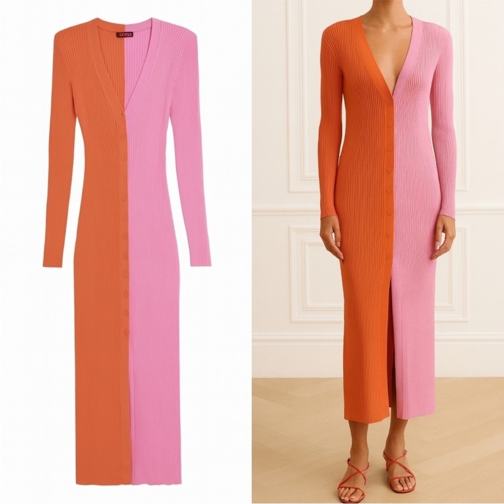 STAUD Shoko Colorblock Sweater Dress Midi Dress, size small